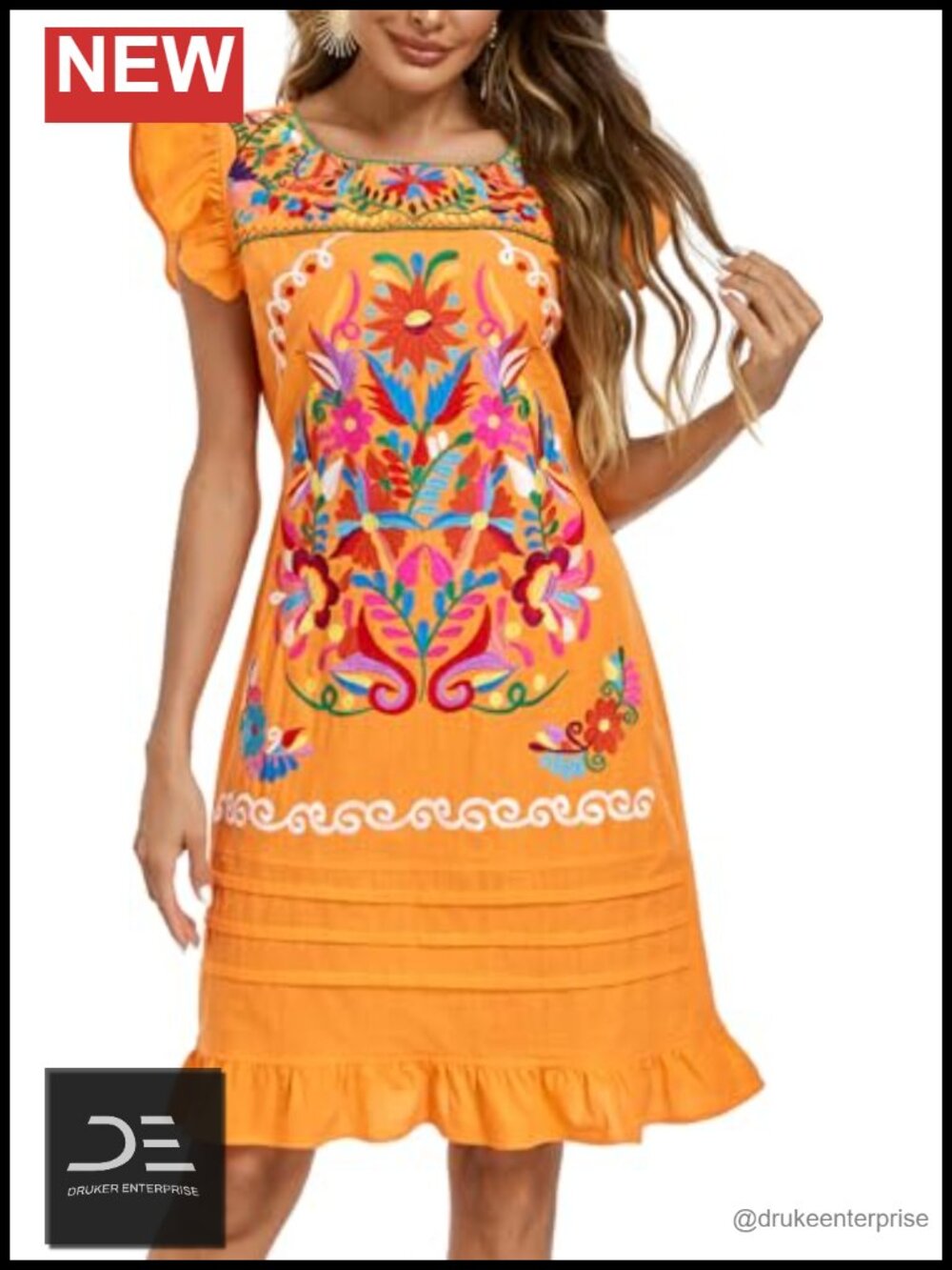 Mexican Dress Floral Embroidered Fiesta Peasant Ruffle Short Sleeve Linen Mini